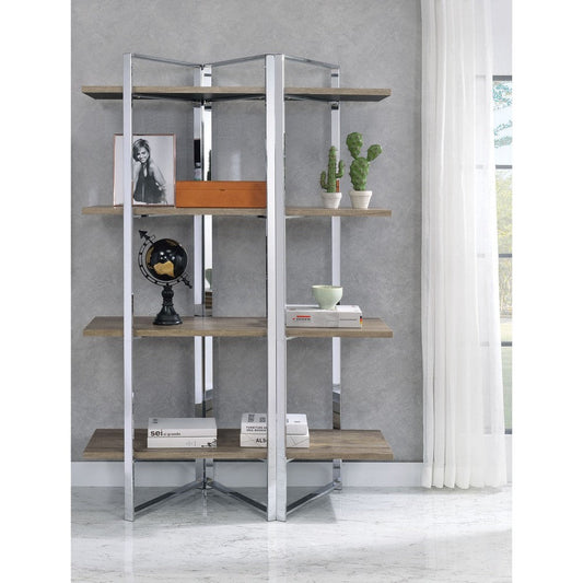 Geometric Metal Framed Bookshelf with Four Open Wooden Shelves- 92545 By Casagear Home