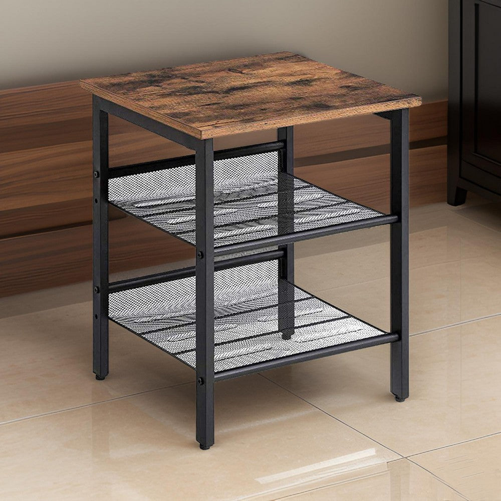 Wooden Side Table with Metal Mesh Shelves, Set of 2, Black and Brown By Casagear Home