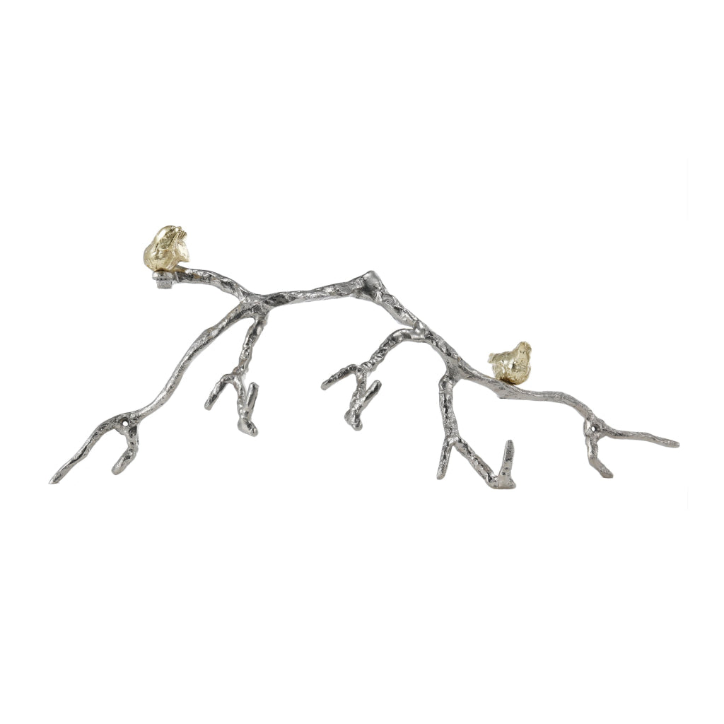 Decorative Wall Hook Branch Shaped with Birds Apogee, Silver and Gold - BM200603