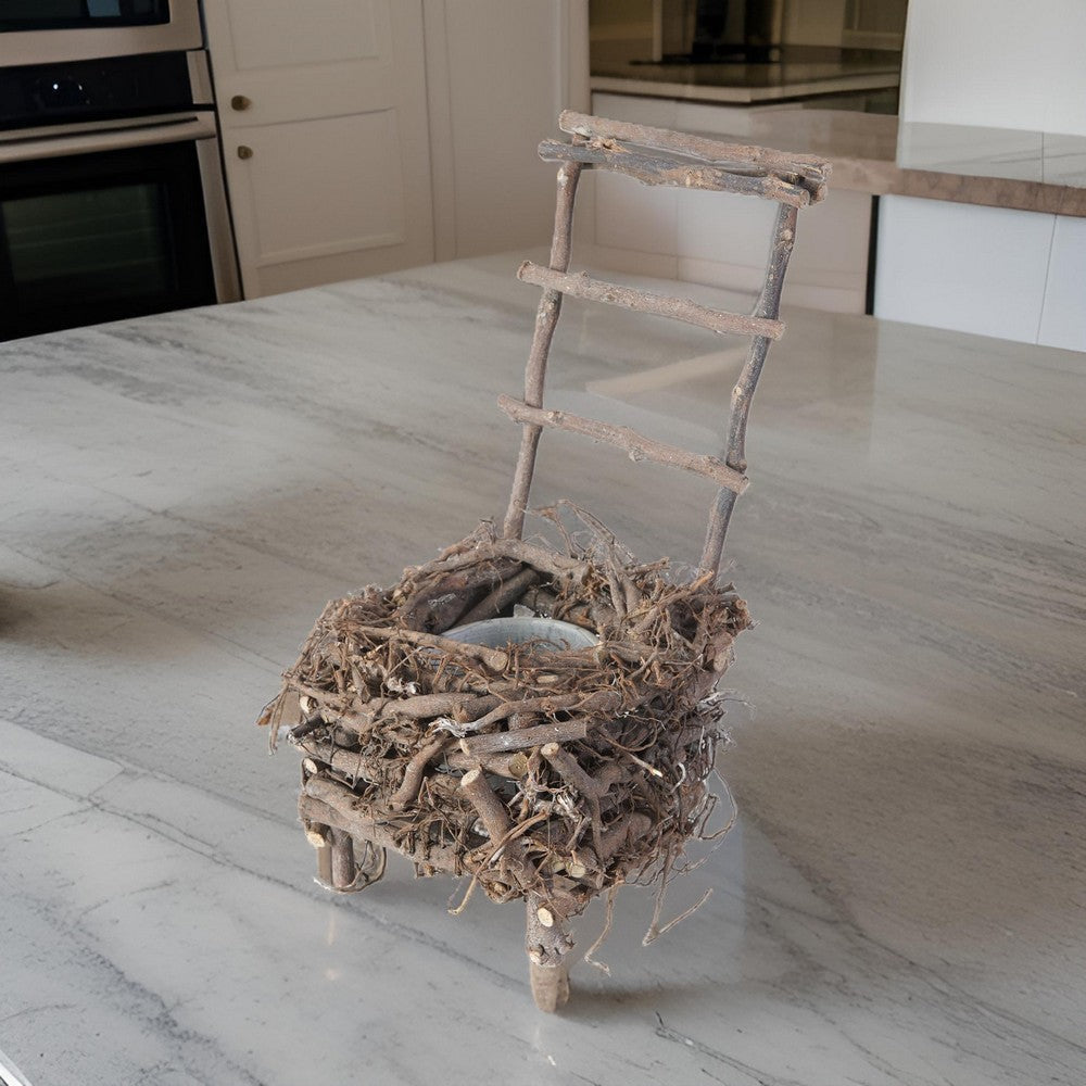 Nature Inspired Wooden Nest Planter with Clay Pot, Gray and Brown - BM200899