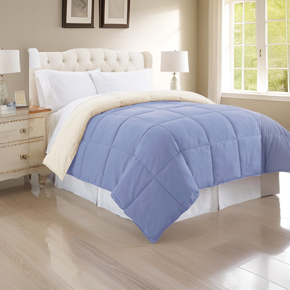 Genoa Queen Size Box Quilted Reversible Comforter By Casagear Home, Blue and Cream