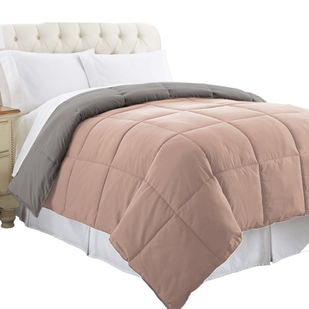 Genoa King Size Box Quilted Reversible Comforter By Casagear Home Gray and Pink BM202057