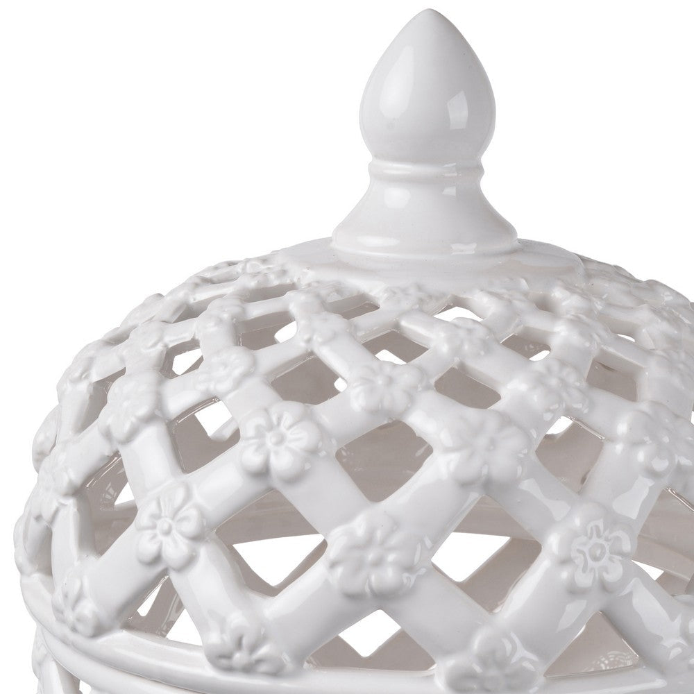 Decorative Ceramic Lidded Jar with Cut Out Texture Large White - BM202237 By Casagear Home BM202237