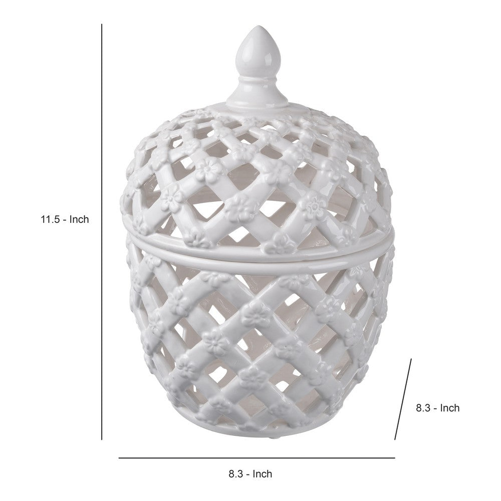 Decorative Ceramic Lidded Jar with Cut Out Texture Large White - BM202237 By Casagear Home BM202237