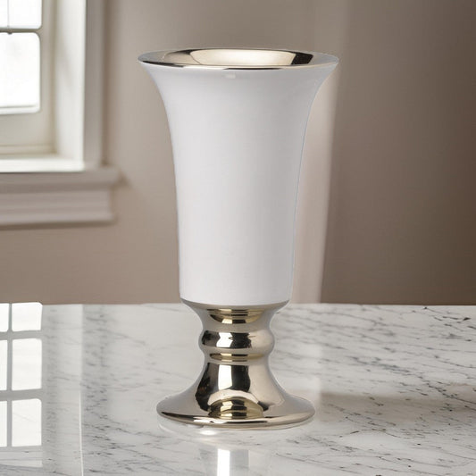 Ceramic Vase with Flared Top and Pedestal Base, Medium, White and Gold - BM202240 By Casagear Home