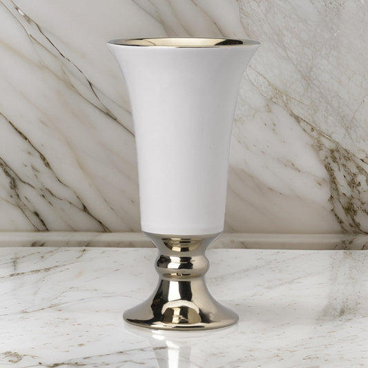 Ceramic Vase with Flared Top and Pedestal Base, Large, White and Gold - BM202241 By Casagear Home