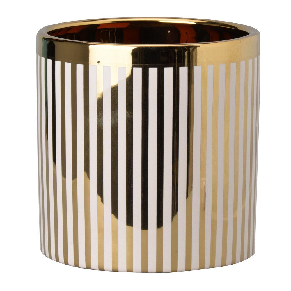 Ceramic Cylindrical Planter with Strips Pattern White and Gold - BM202243 By Casagear Home BM202243