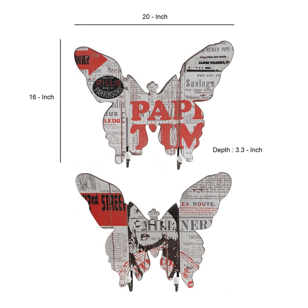 Butterfly Shaped Newspaper Print Wall Decor, Set of 2, Multicolor - BM202252 By Casagear Home