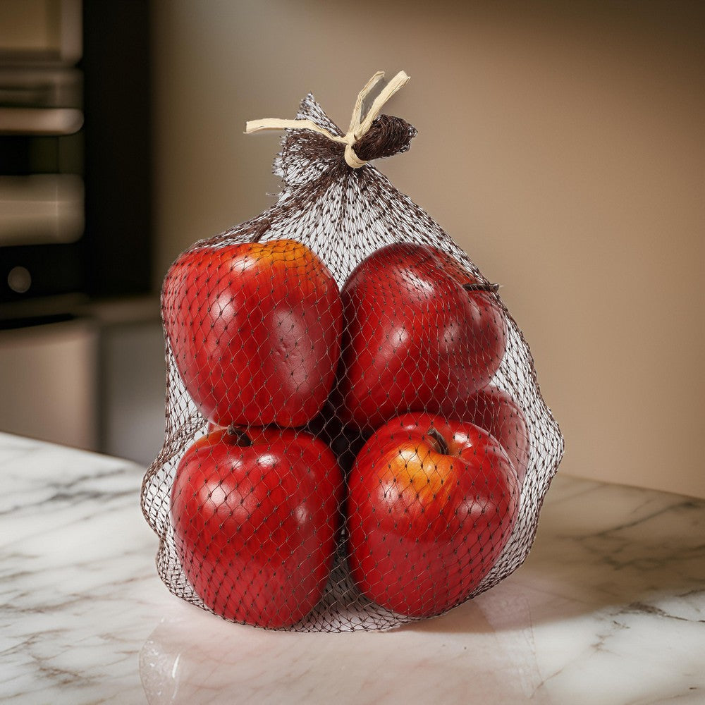 Decorative 6 Piece Artificial Apple in Plastic Net Bag Red- BM202284 By Casagear Home BM202284