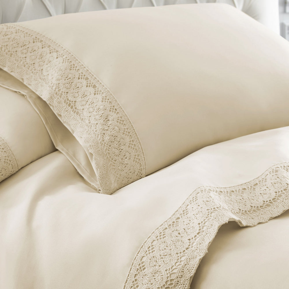 Udine 4 Piece California King Size Sheet Set with Crochet Lace By Casagear Home Cream BM202456