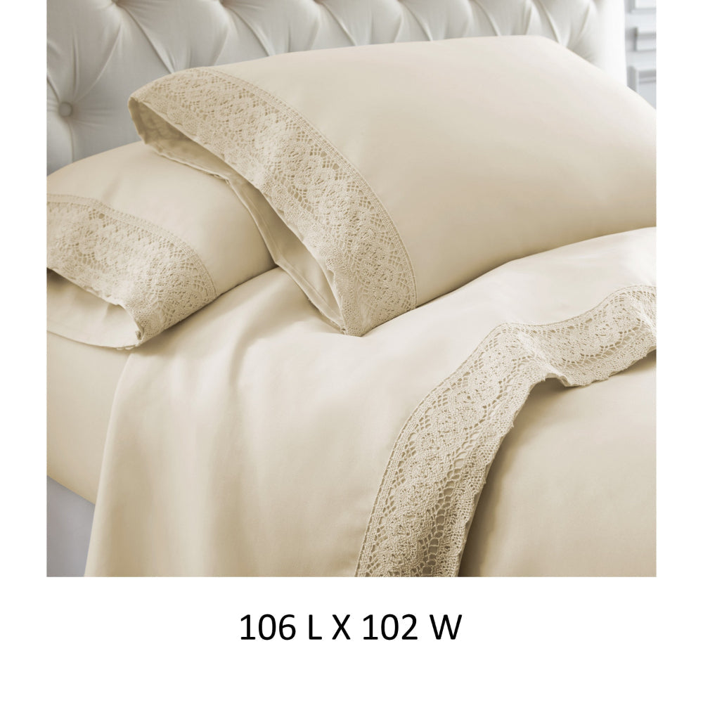 Udine 4 Piece California King Size Sheet Set with Crochet Lace By Casagear Home Cream BM202456