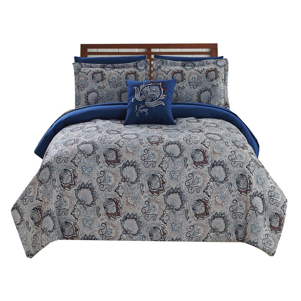 Caen 8 Piece Printed Queen Reversible Comforter Set By Casagear Home Gray and Blue BM202742