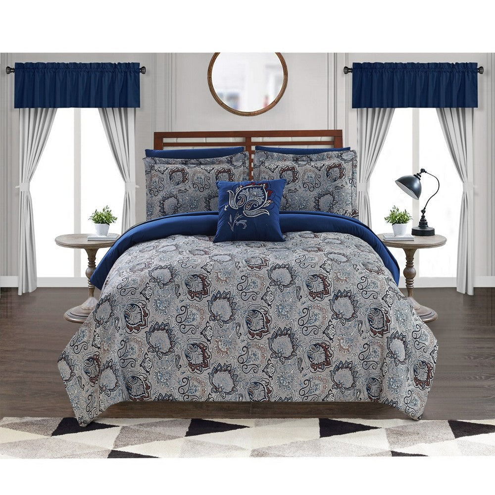 Caen 8 Piece Printed Queen Reversible Comforter Set By Casagear Home Gray and Blue BM202742