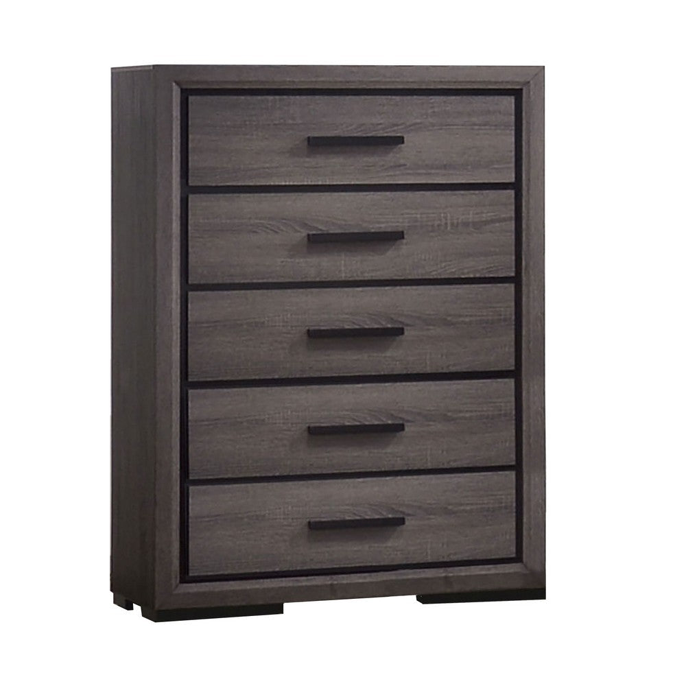 Wooden Chest with 5 Drawers and Finger Pull Handle, Gray and Black By Casagear Home