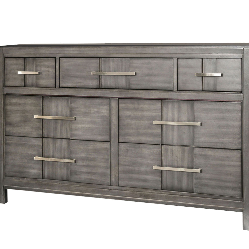 Wooden Dresser with 7 Drawers and Metal Pull Gray and Silver By Casagear Home BM203147