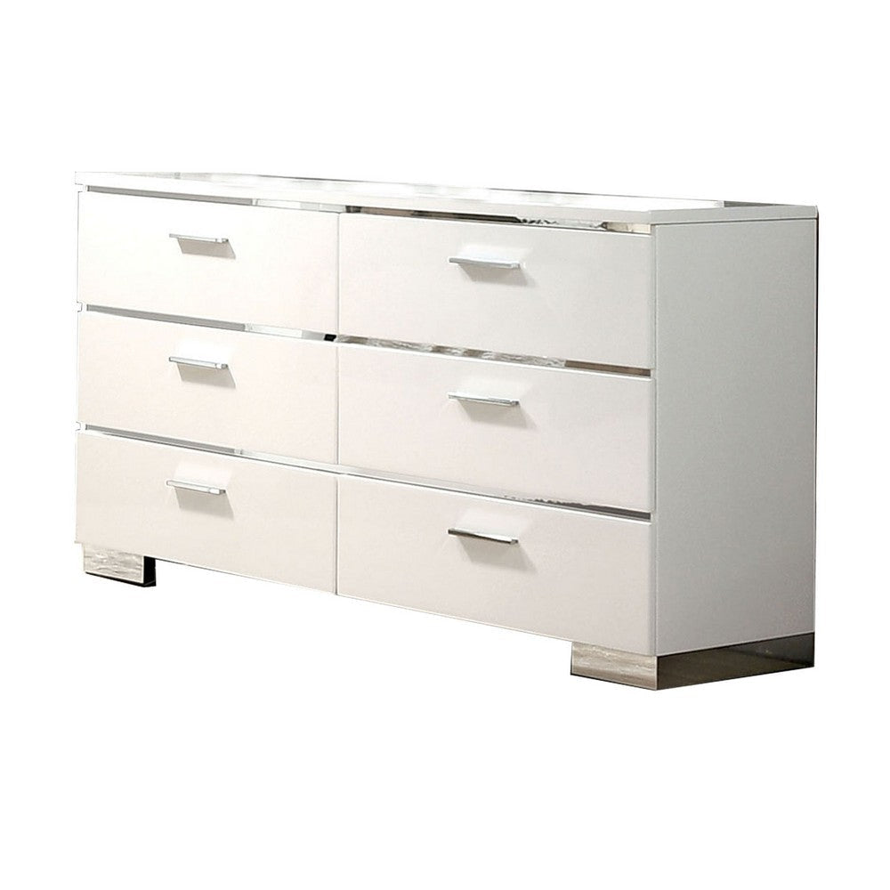 Wood and Metal Dresser with 6 Drawers and Block Leg White and Silver By Casagear Home BM203171