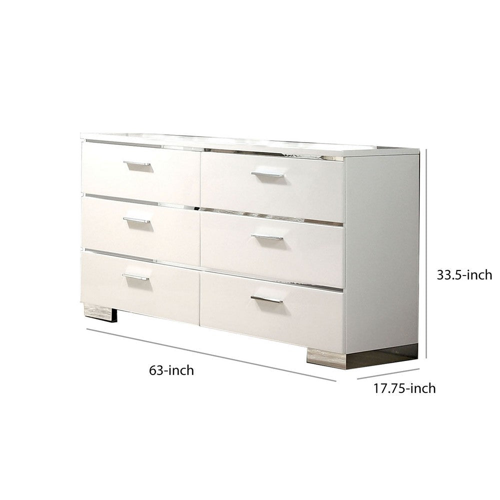 Wood and Metal Dresser with 6 Drawers and Block Leg White and Silver By Casagear Home BM203171