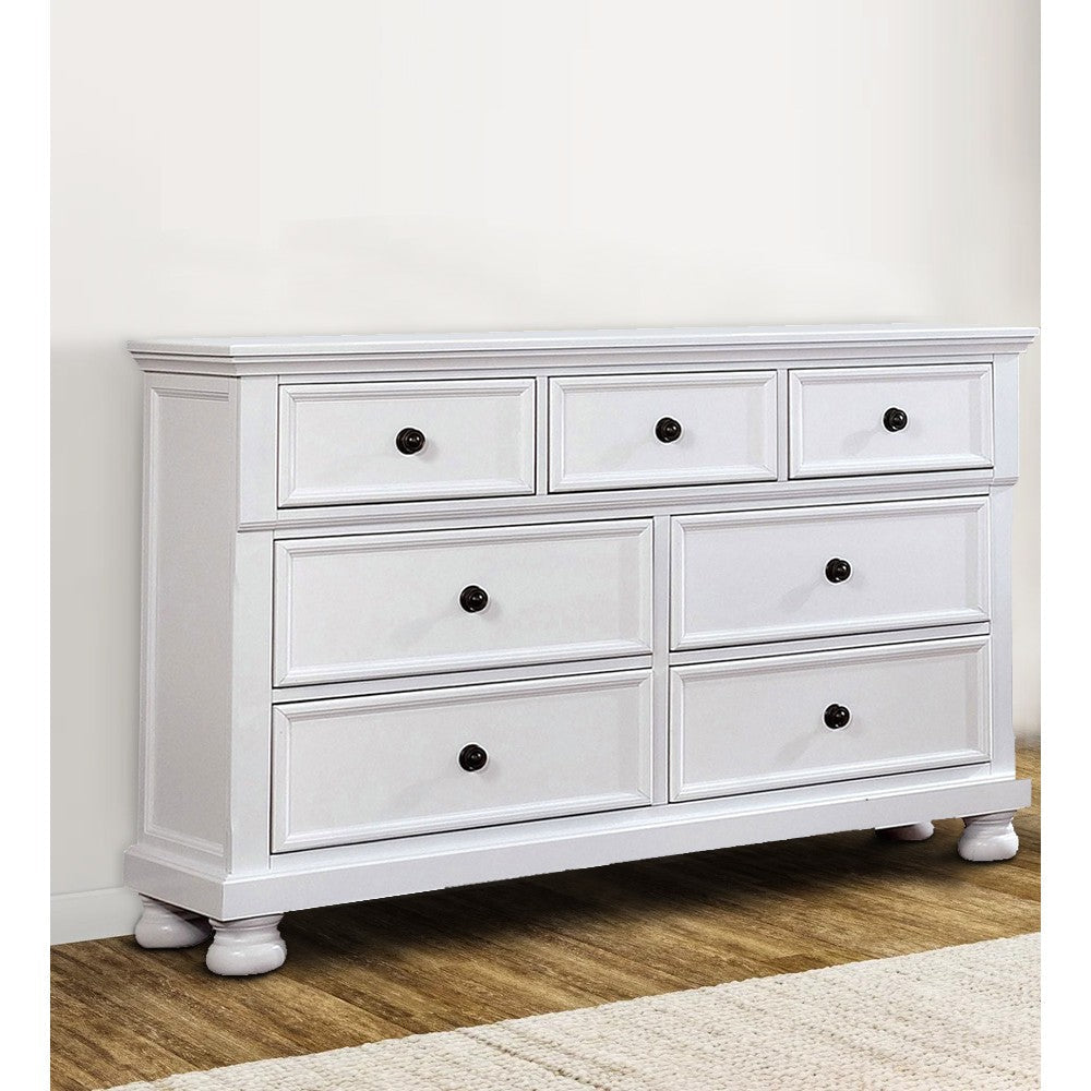 Transitional Wooden Dresser with 7 Drawers and Bun Feet White By Casagear Home BM203240