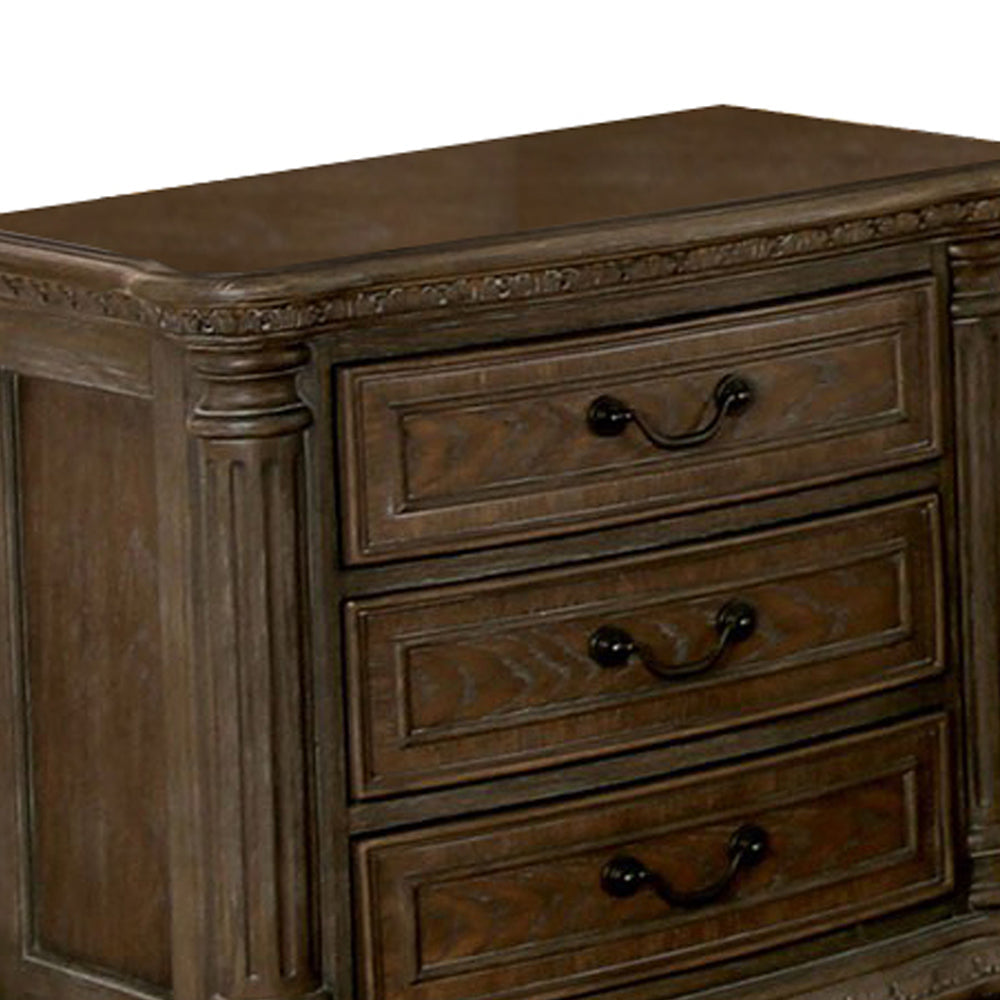 Wooden Nightstand with 3 Drawers and Intricate Carving Details Brown By Casagear Home BM203243