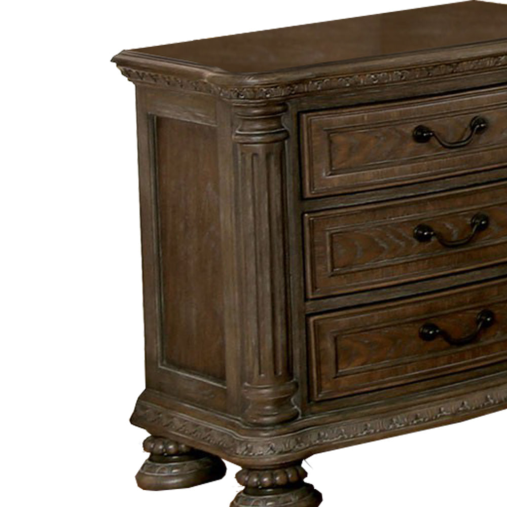 Wooden Nightstand with 3 Drawers and Intricate Carving Details Brown By Casagear Home BM203243