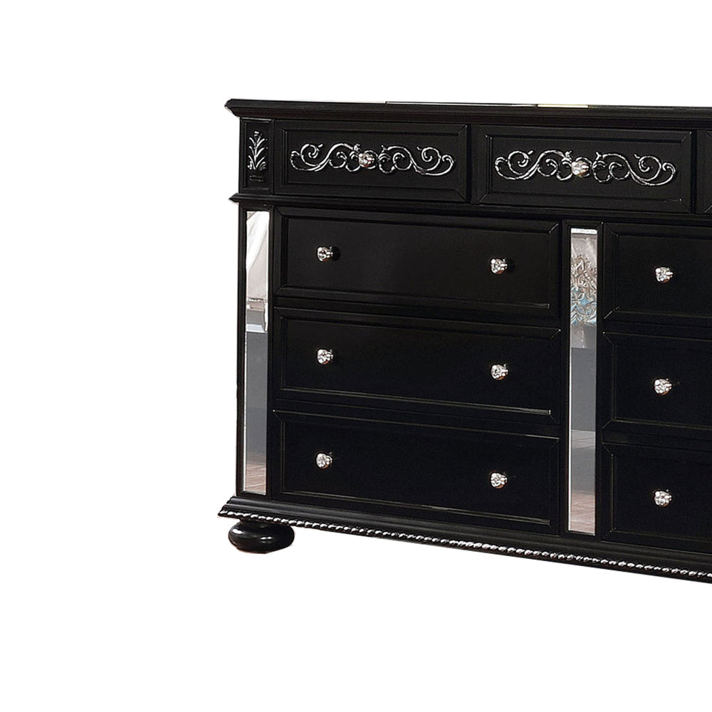 Wooden 9 Drawer Dresser with Mirror Inset and Bun Feet,Black and Clear By Casagear Home BM203257