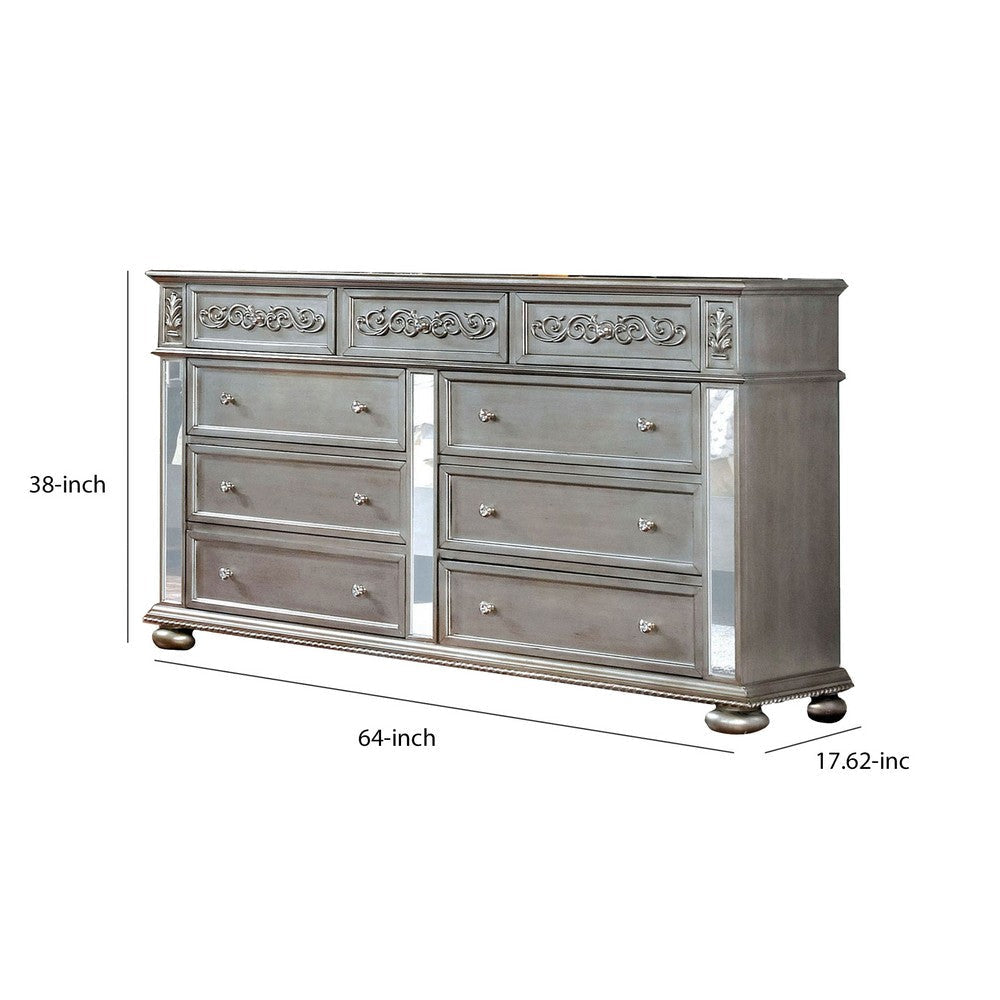 Wooden 9 Drawer Dresser with Mirror Inset and Bun Feet Gray and Clear By Casagear Home BM203258