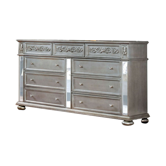 Wooden 9 Drawer Dresser with Mirror Inset and Bun Feet, Gray and Clear By Casagear Home