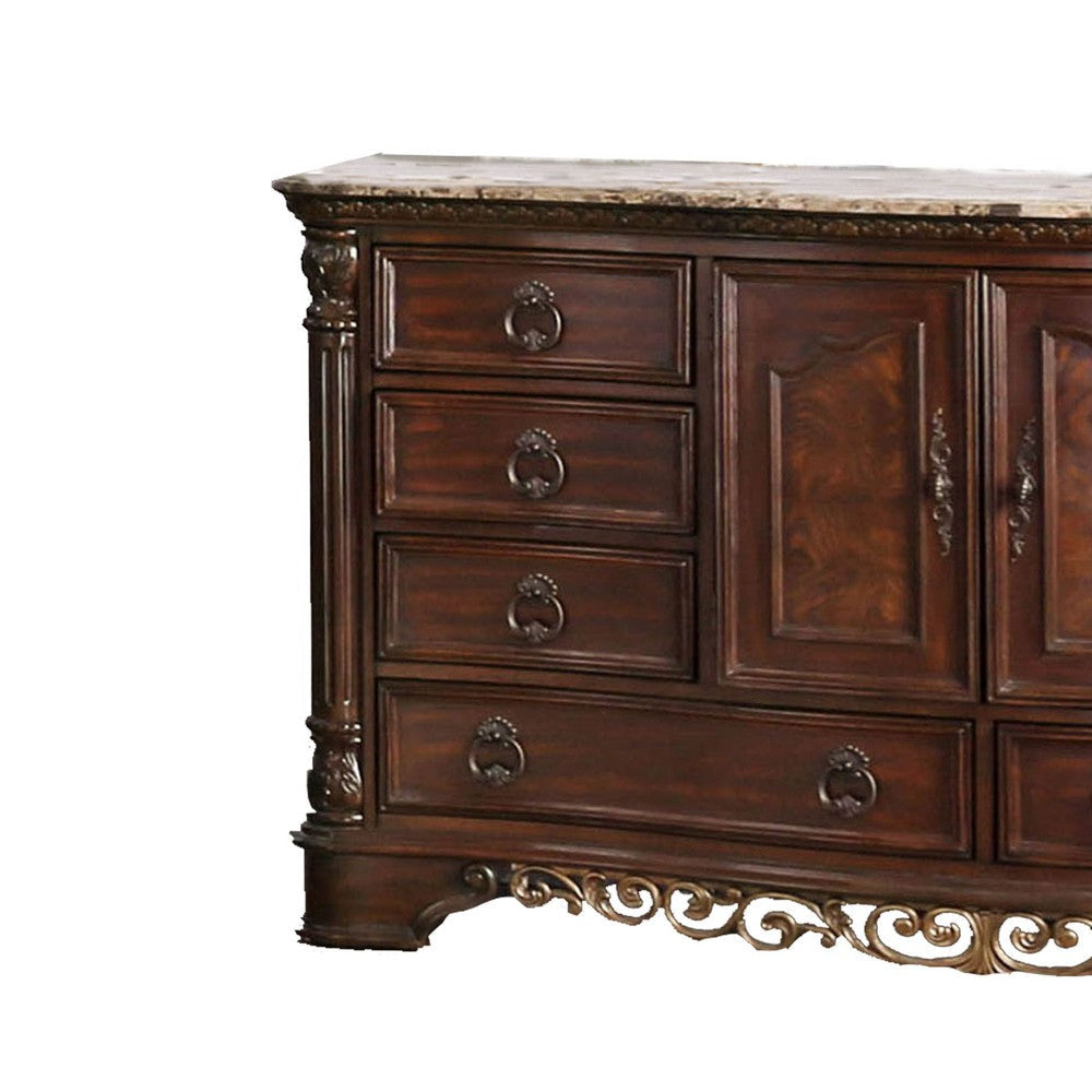 8 Drawer Wooden Dresser with 2 Door Cabinet and Marble Top Brown By Casagear Home BM203267