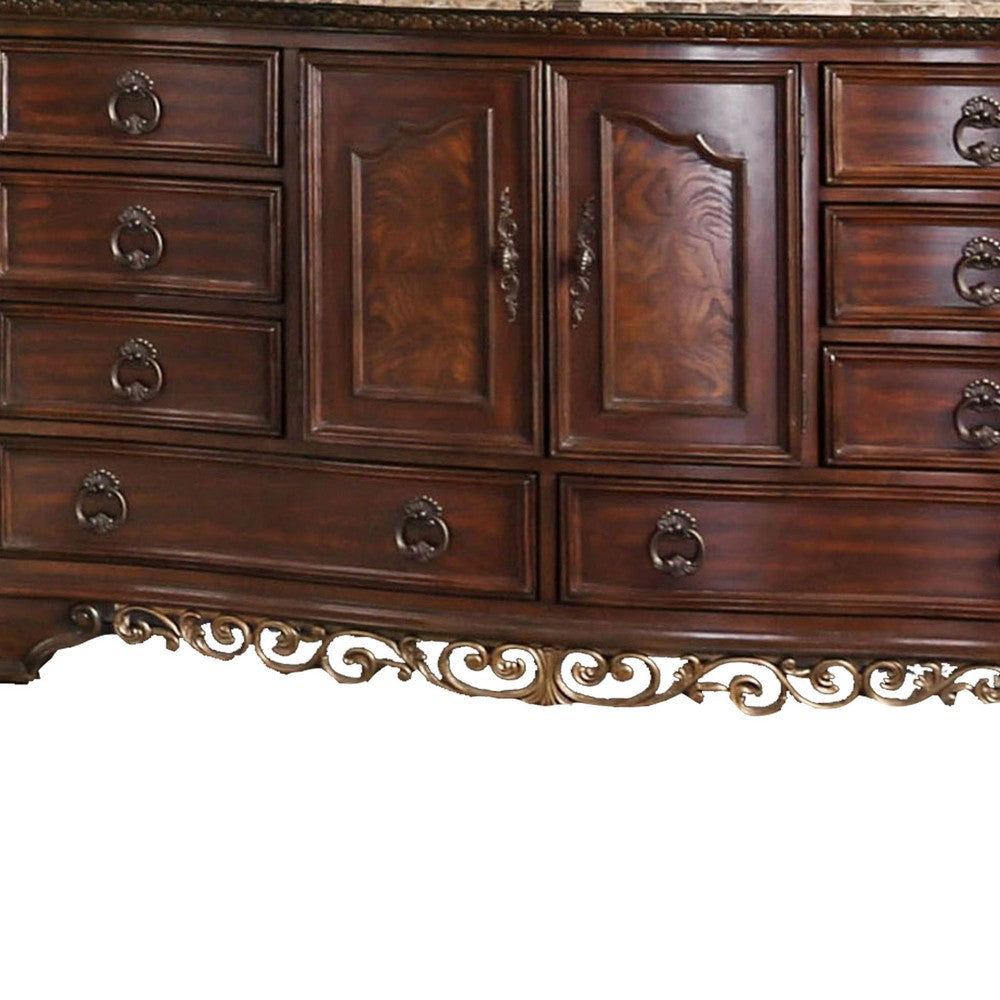 8 Drawer Wooden Dresser with 2 Door Cabinet and Marble Top Brown By Casagear Home BM203267