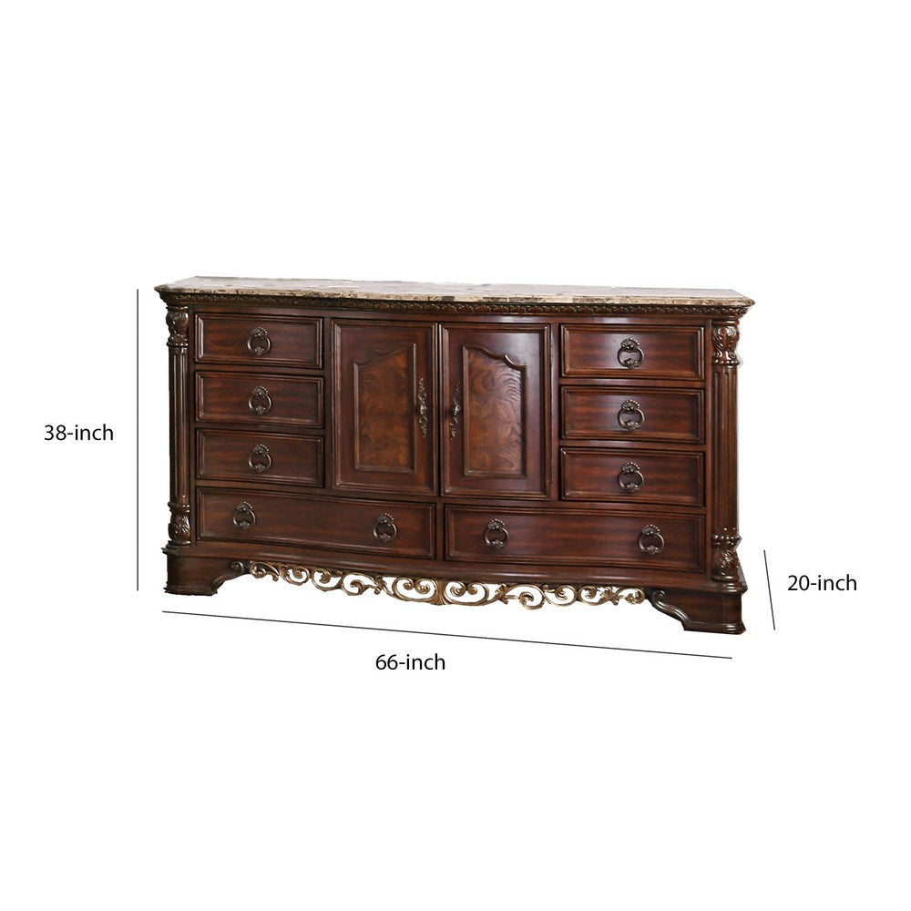 8 Drawer Wooden Dresser with 2 Door Cabinet and Marble Top Brown By Casagear Home BM203267