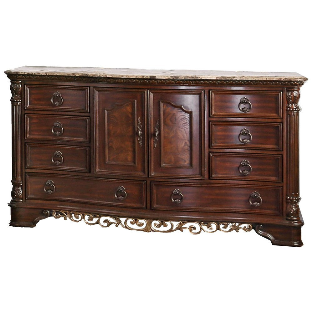 8 Drawer Wooden Dresser with 2 Door Cabinet and Marble Top, Brown By Casagear Home