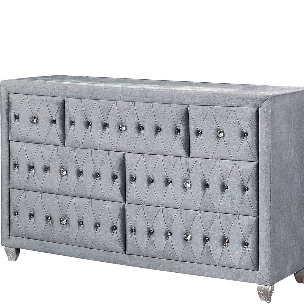 Fabric Upholstered 7 Drawer Wooden Dresser with Tufting Details Gray By Casagear Home BM203276