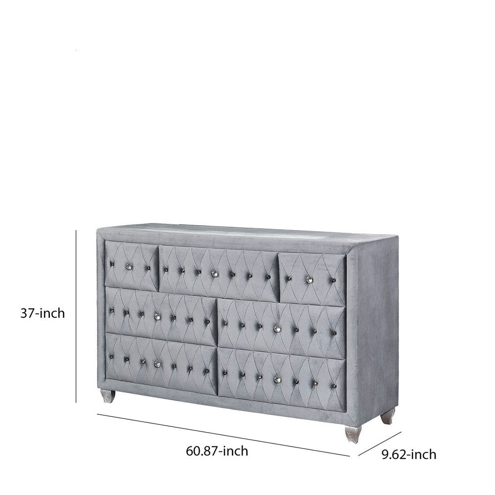 Fabric Upholstered 7 Drawer Wooden Dresser with Tufting Details Gray By Casagear Home BM203276