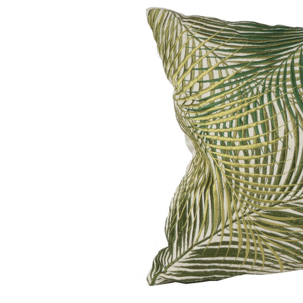 20 X 14 Inch Embroidered Pillow with Palm Leaf Design White and Green - BM203504 By Casagear Home BM203504