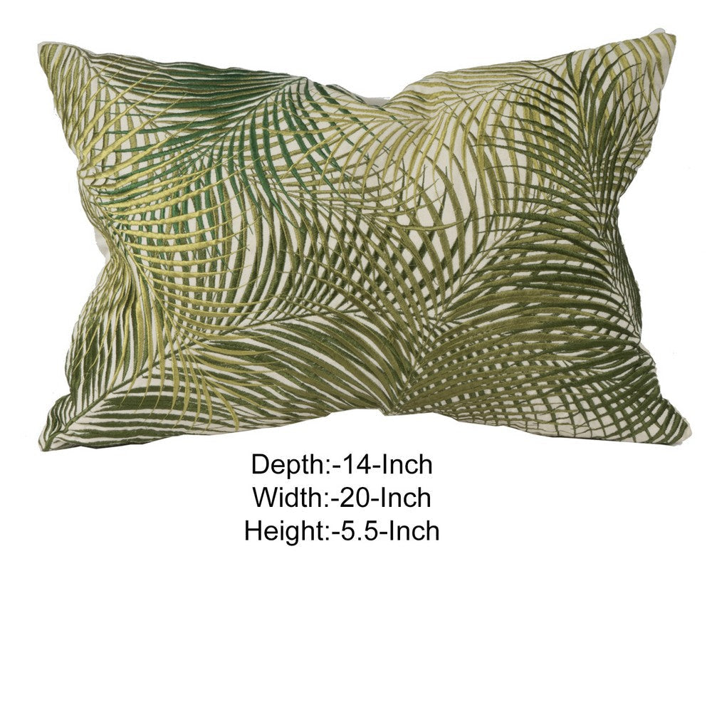 20 X 14 Inch Embroidered Pillow with Palm Leaf Design White and Green - BM203504 By Casagear Home BM203504