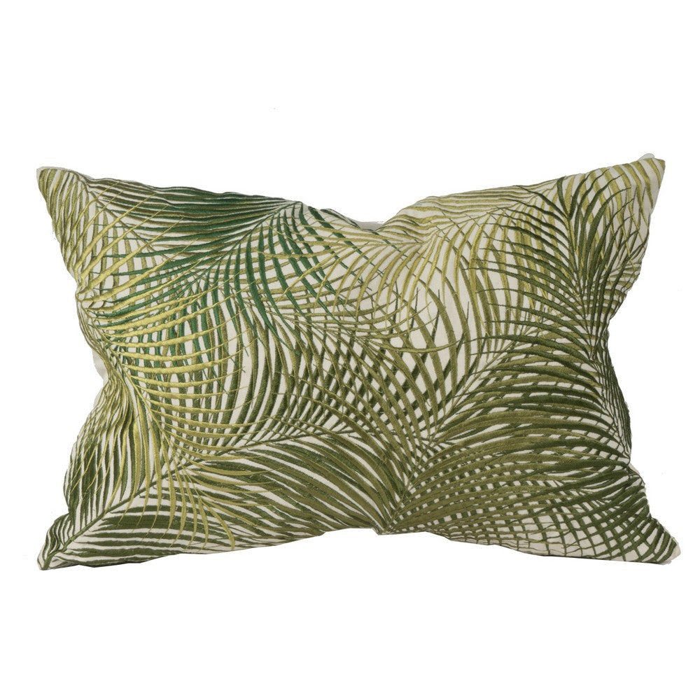 20 X 14 Inch Embroidered Pillow with Palm Leaf Design White and Green - BM203504 By Casagear Home BM203504