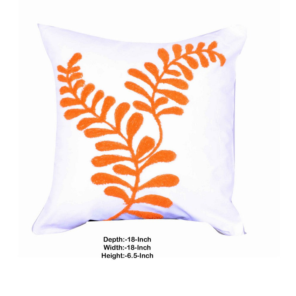 18 X 18 Inch Cotton Pillow with Sprig Pattern Embroidery Orange By Casagear Home BM203555