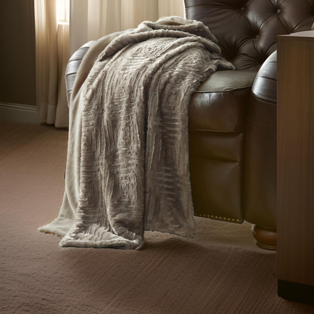 Treviso Faux Fur Throw with Fret Pattern The Urban Port, Beige By Casagear Home