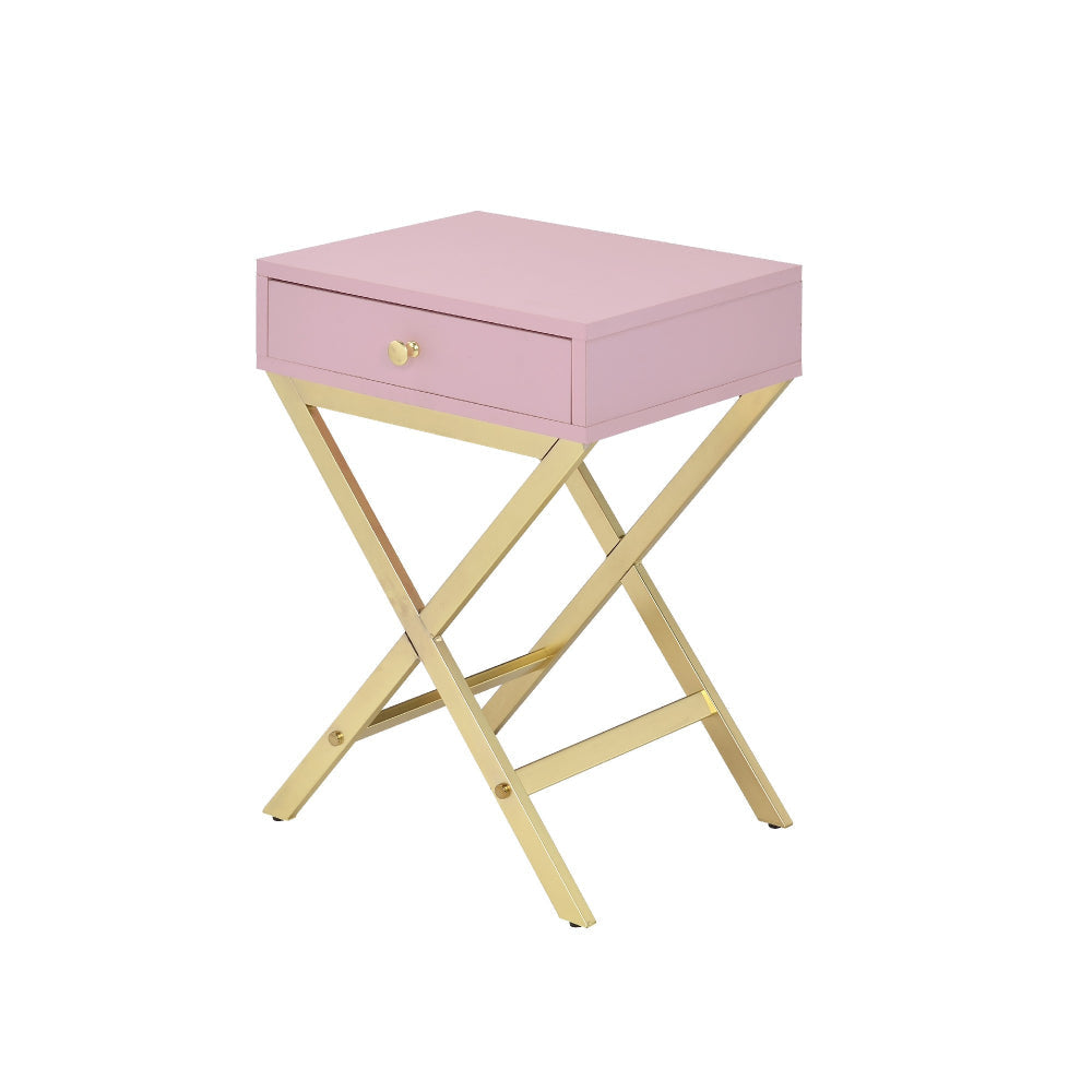 Wood and Metal Side Table with Crossed Base Pink and Gold By Casagear Home BM204494