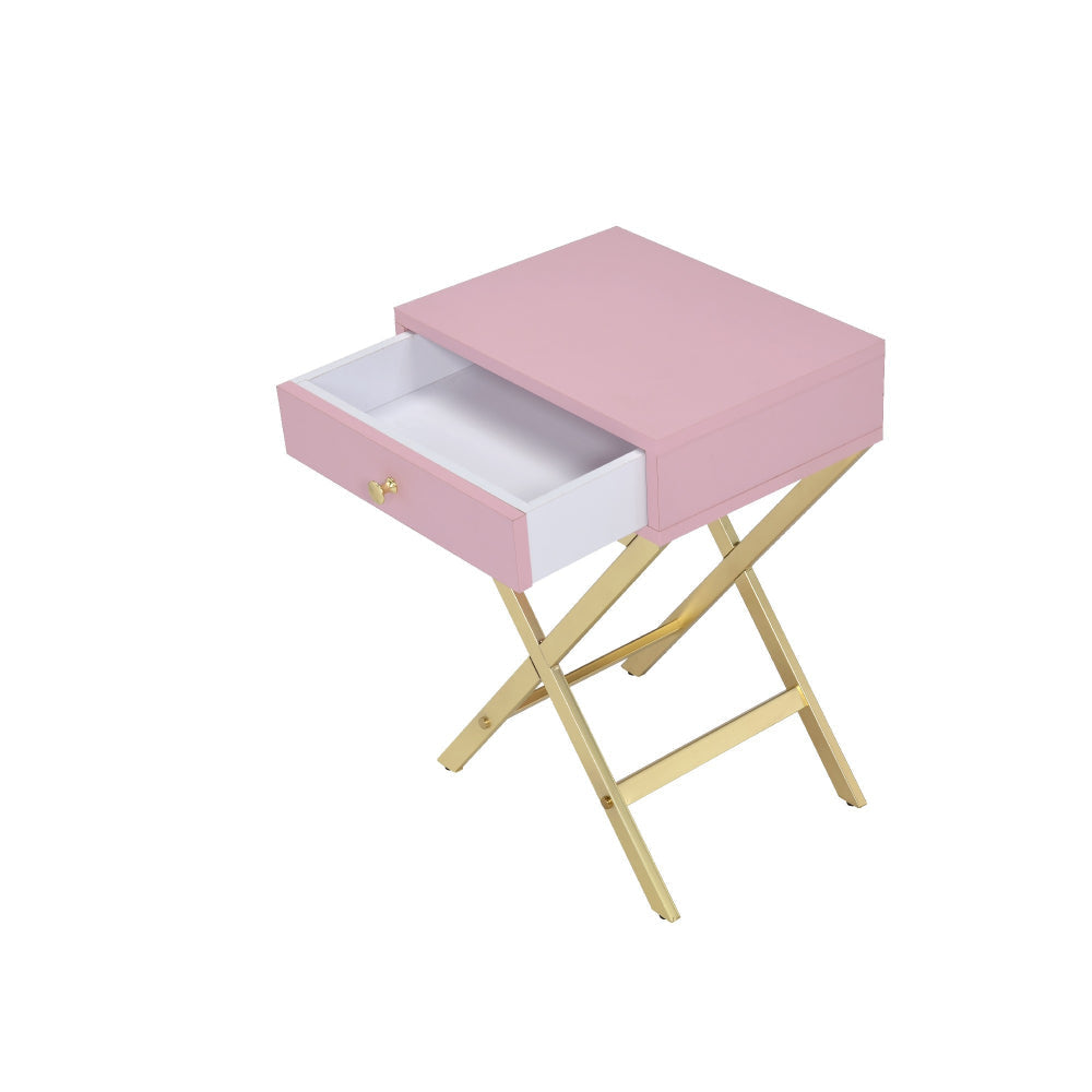 Wood and Metal Side Table with Crossed Base Pink and Gold By Casagear Home BM204494