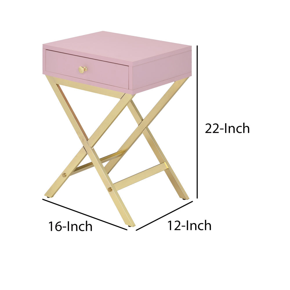 Wood and Metal Side Table with Crossed Base Pink and Gold By Casagear Home BM204494