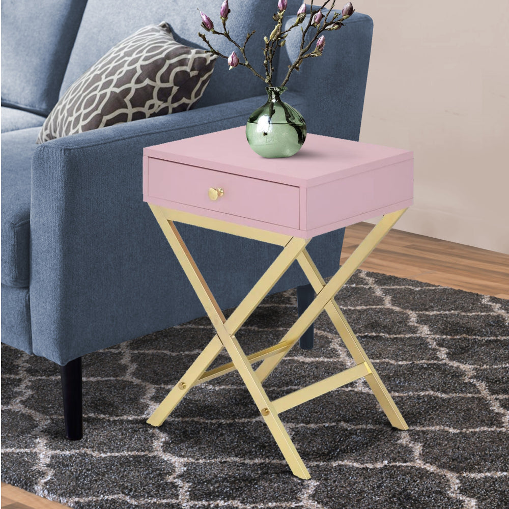 Wood and Metal Side Table with Crossed Base, Pink and Gold By Casagear Home