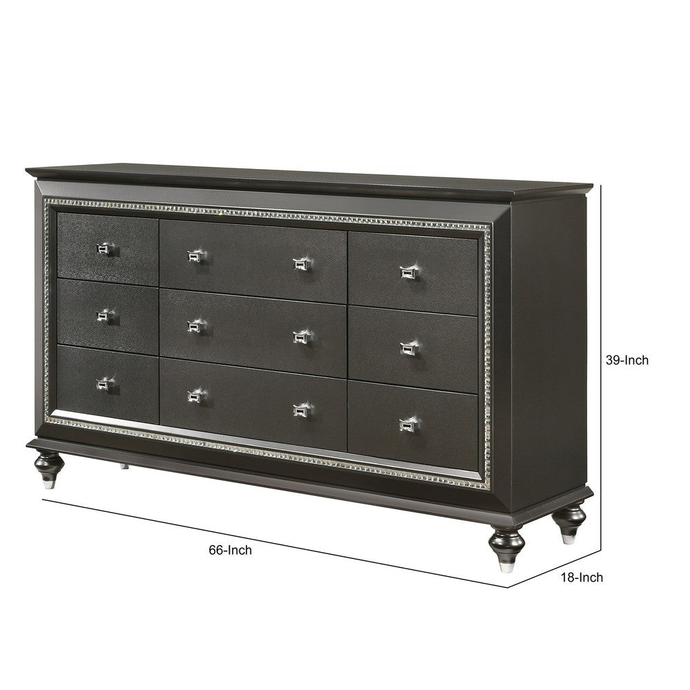 Contemporary Style 9 Drawer Wooden Dresser with Turned Legs Gray By Casagear Home BM204569