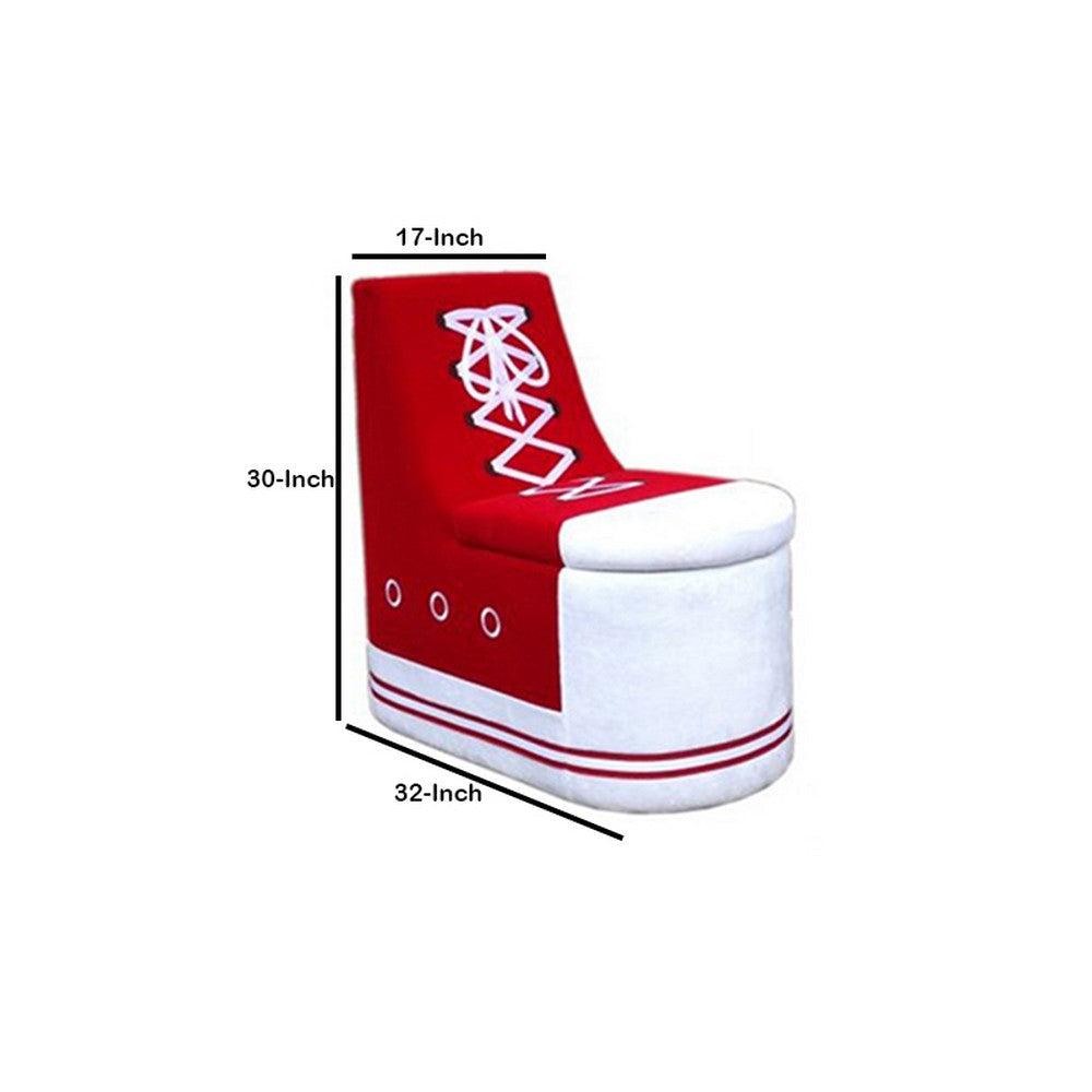 Sneaker Shoe Shaped Wooden Chair with Storage Red and White By Casagear Home BM204956