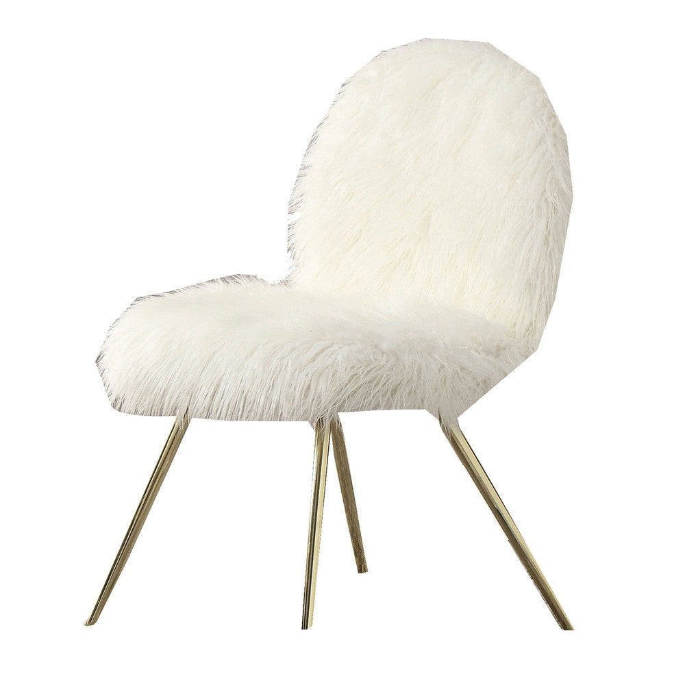 Faux Fur Upholstered Contemporary Metal Accent Chair White and Gold By Casagear Home BM205377