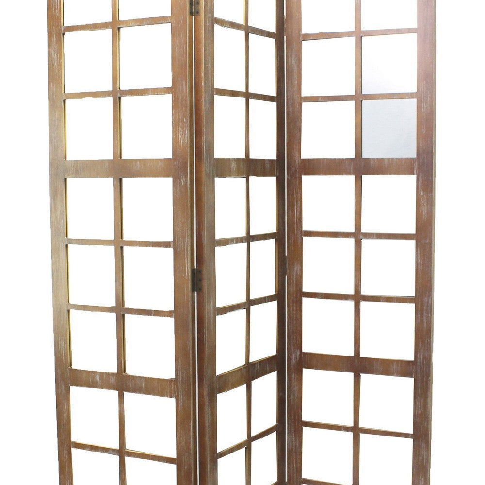 3 Panel Wooden Screen with Square Mirror Inserts Brown and Silver By Casagear Home BM205400