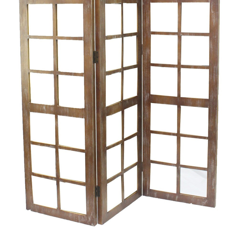 3 Panel Wooden Screen with Square Mirror Inserts Brown and Silver By Casagear Home BM205400