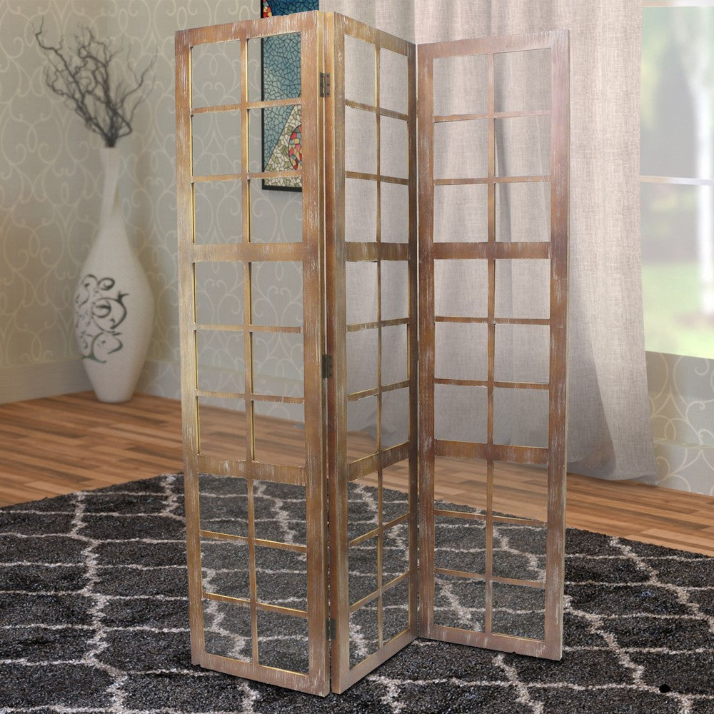 3 Panel Wooden Screen with Square Mirror Inserts Brown and Silver By Casagear Home BM205400