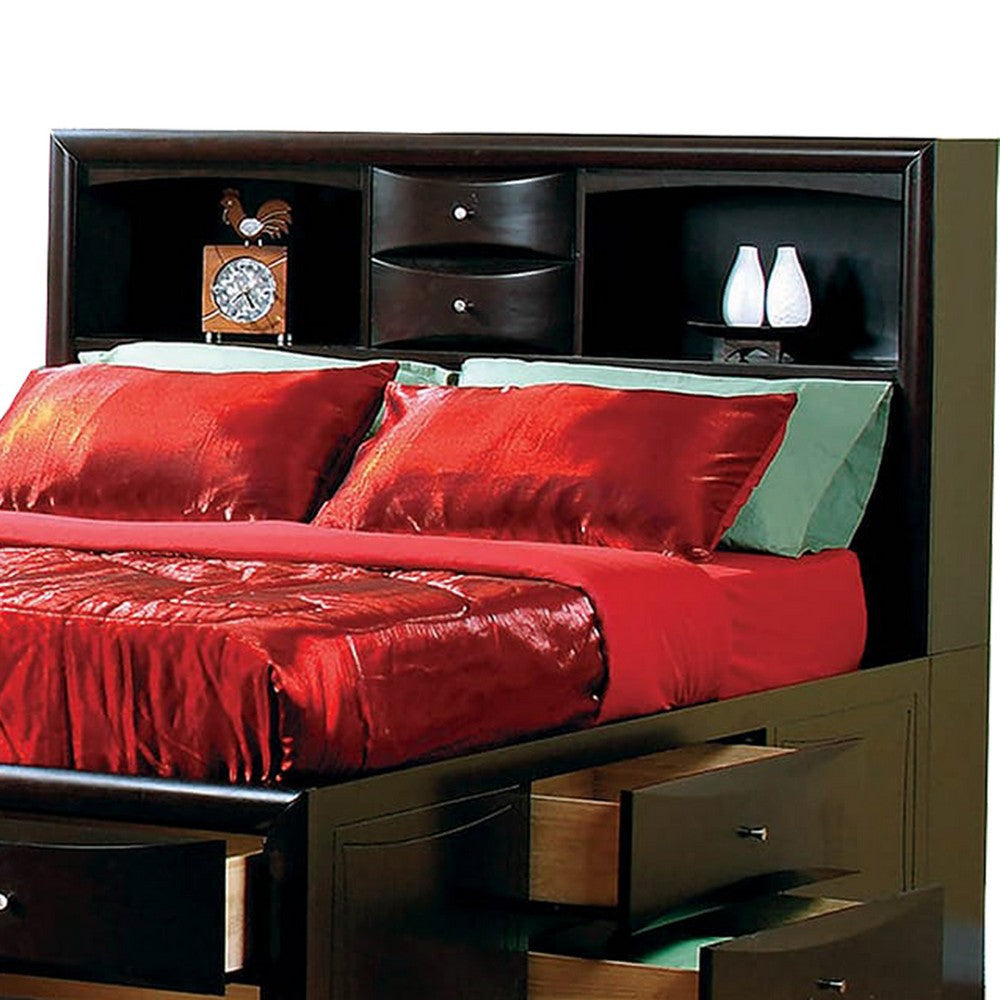 Wooden Queen Size bed with 10 Drawers and 2 Open Shelves Dark Brown By Casagear Home BM205485