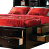 Wooden Queen Size bed with 10 Drawers and 2 Open Shelves Dark Brown By Casagear Home BM205485